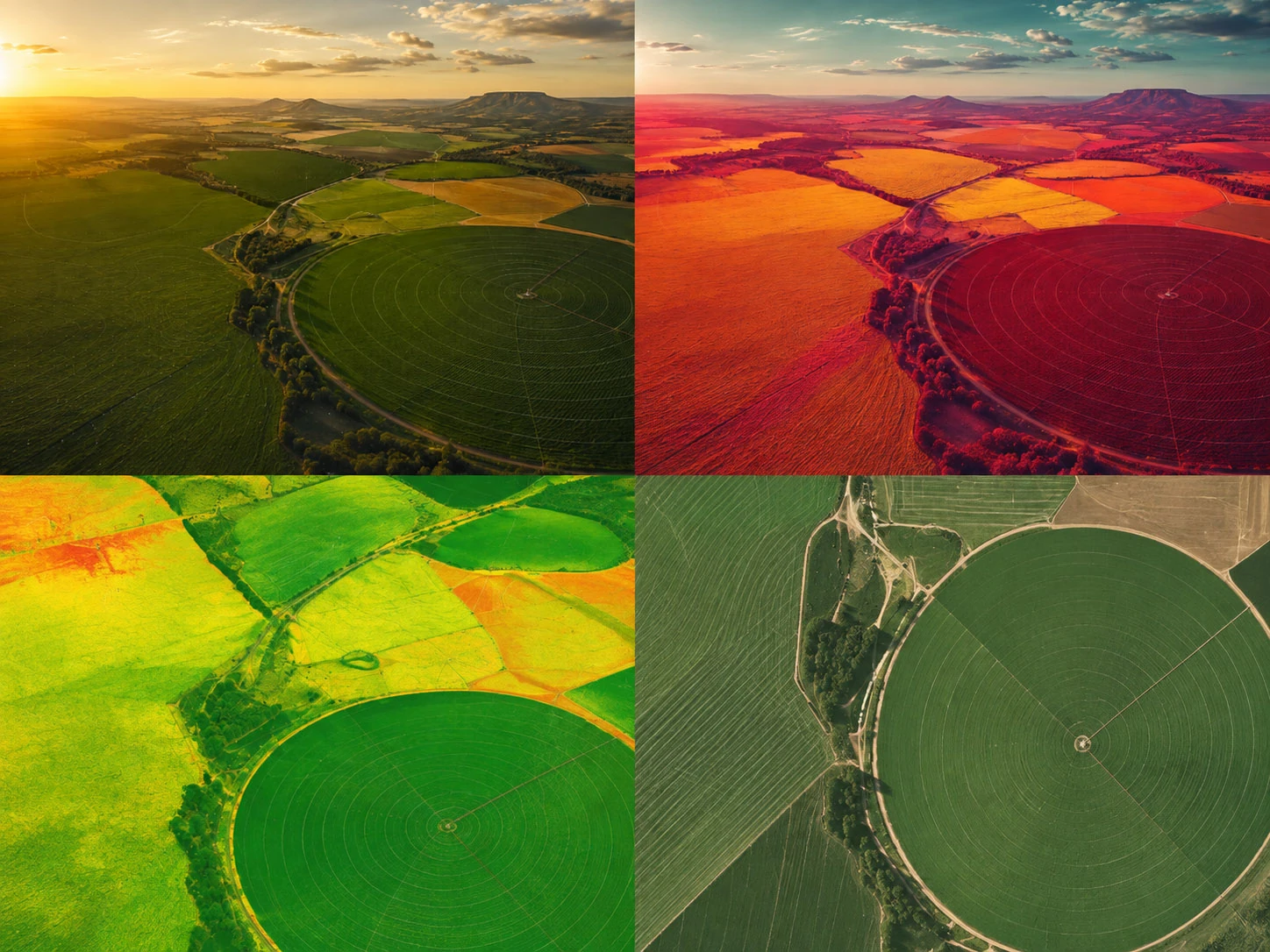 Diferentes visualizações de mapeamento aéreo agrícola, incluindo RGB e dados multiespectrais
