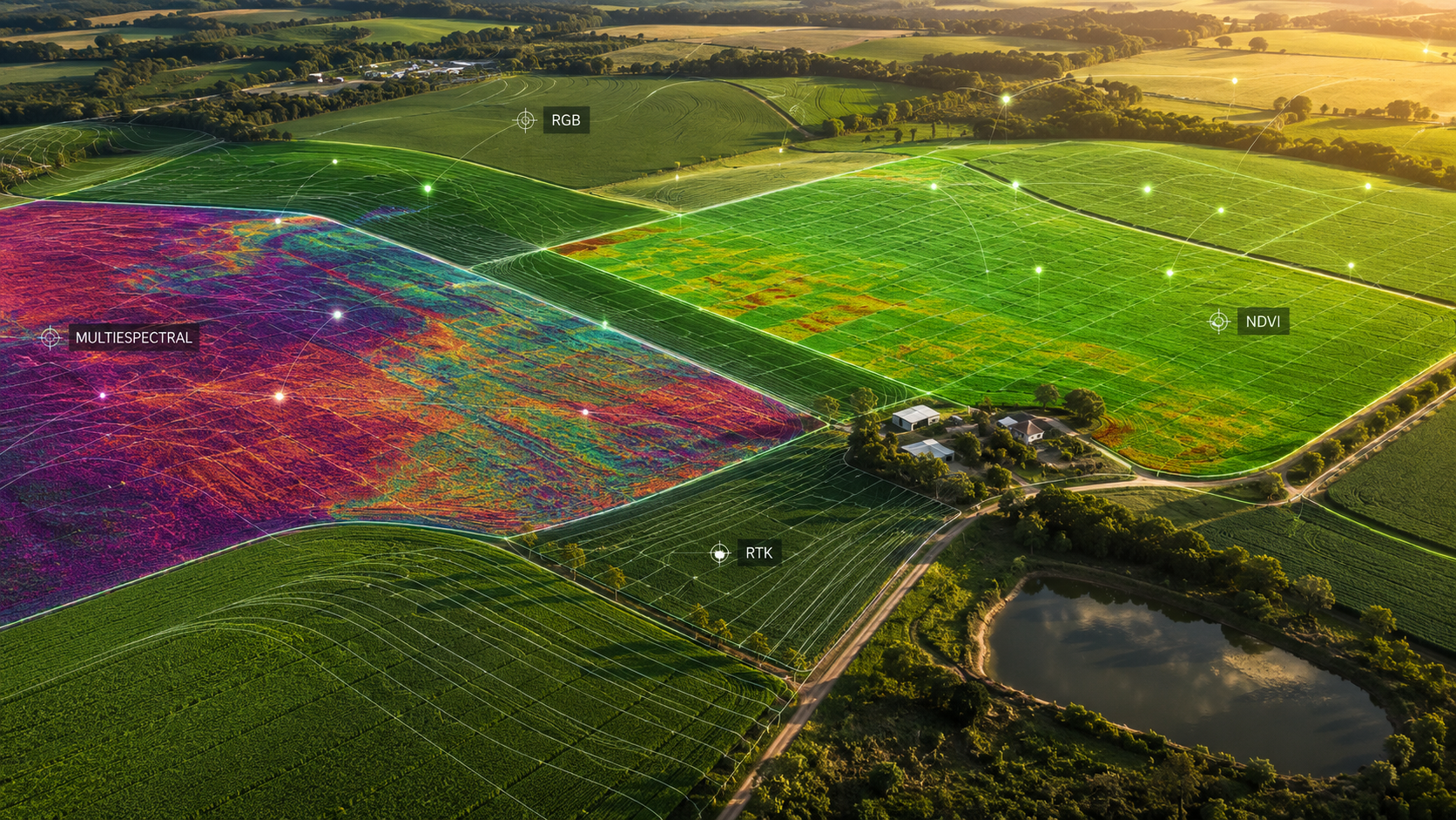 Mapa aéreo de propriedade rural com sobreposição tecnológica integrando RGB, dados multiespectrais, NDVI e georreferenciamento RTK
