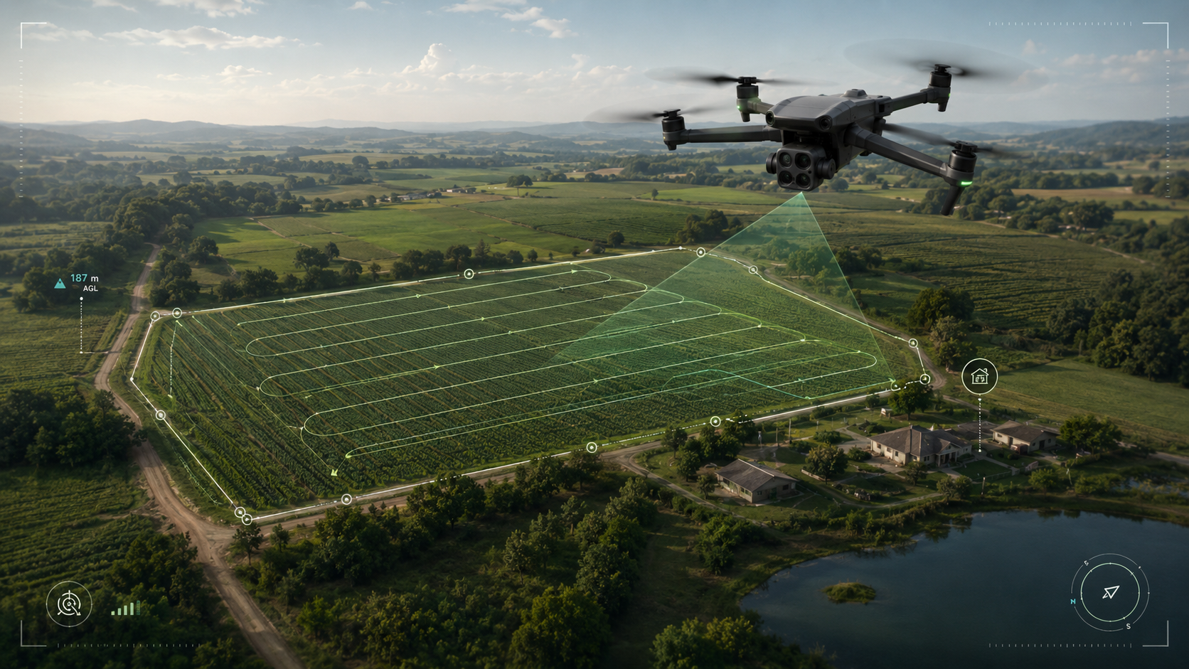 Drone em operação sobre área agrícola durante o levantamento aéreo
