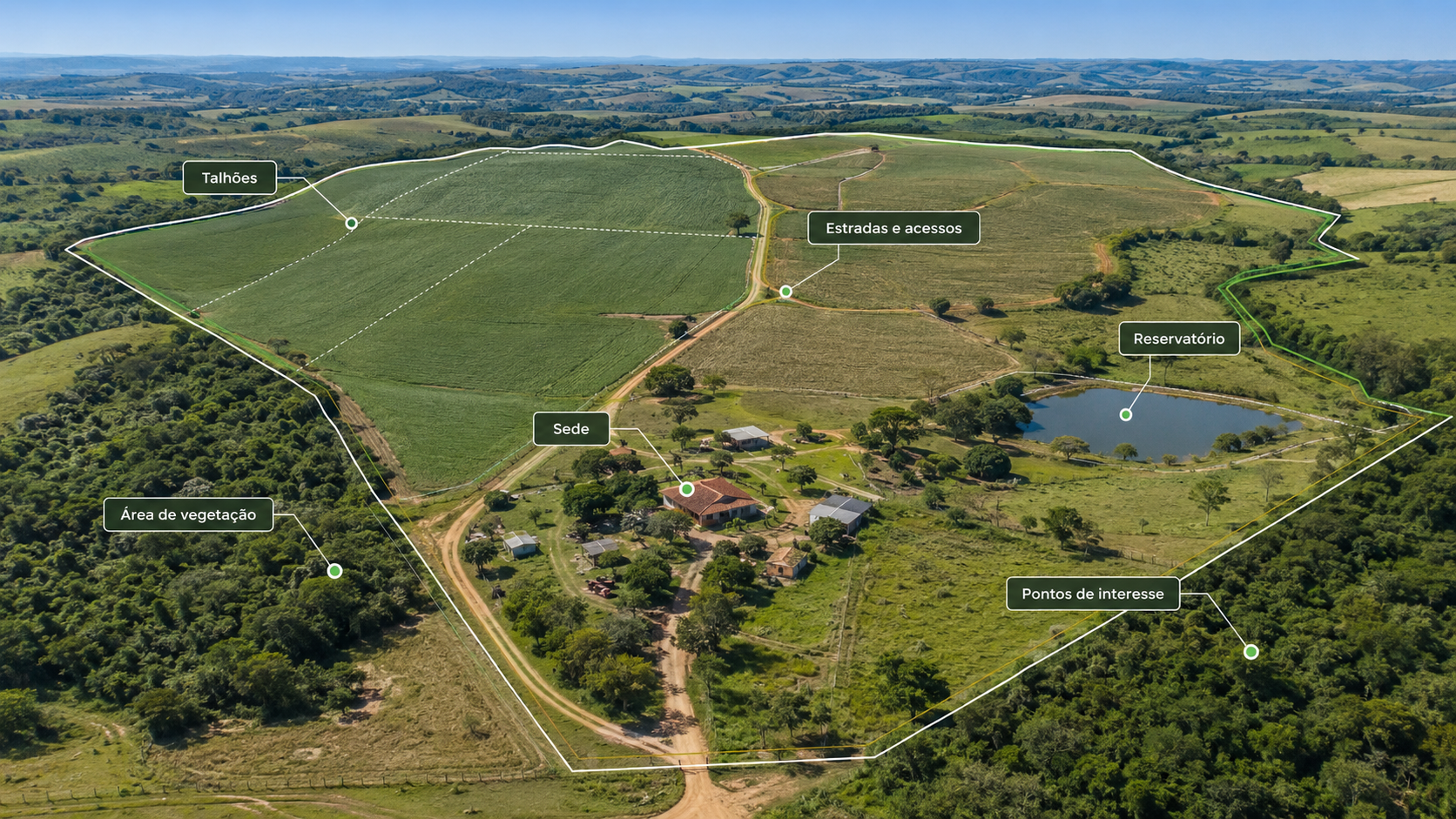 Vista aérea de propriedade rural em Goiás com área agrícola mapeada por drone