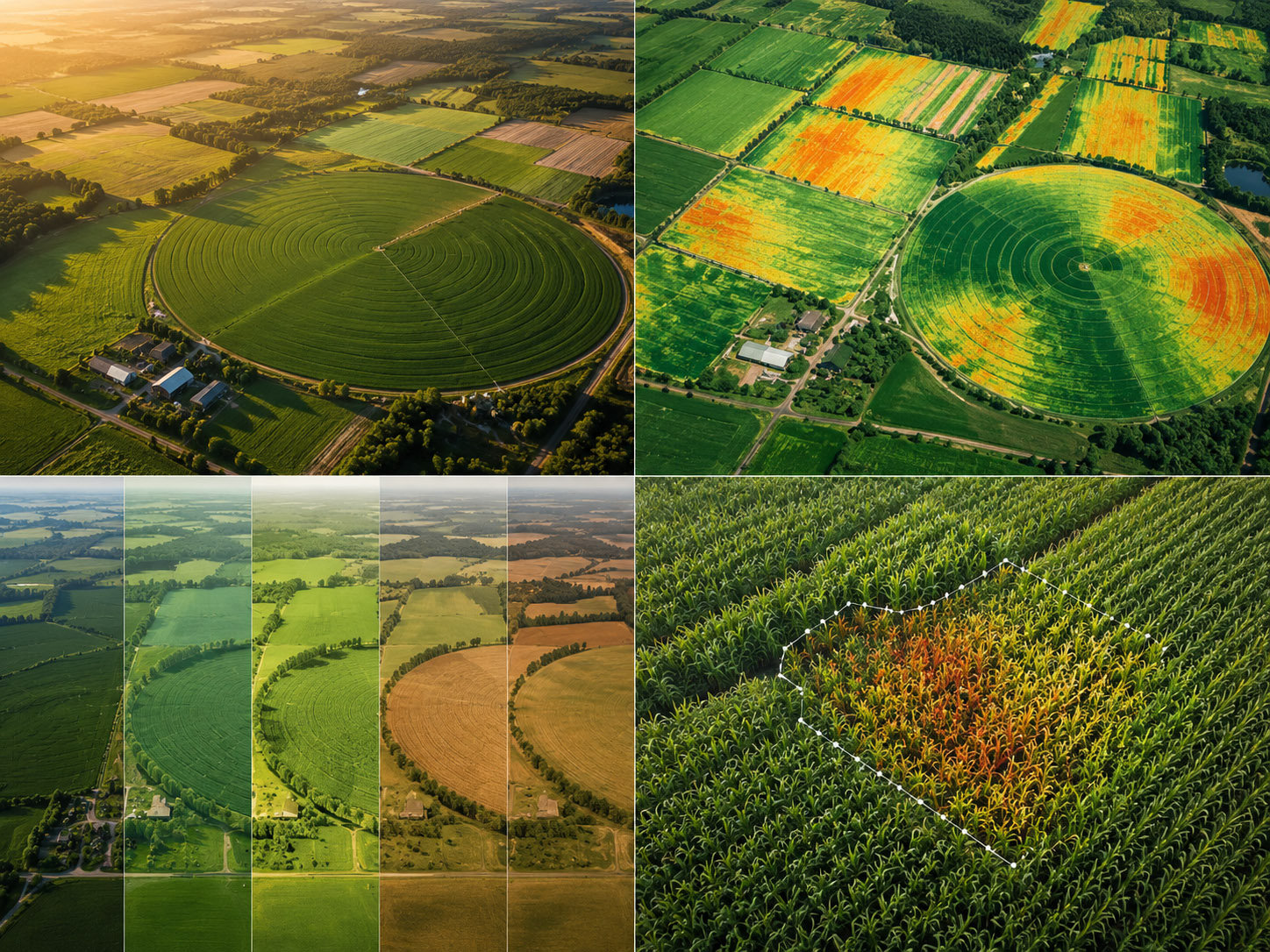 Painel de análise agrícola realizado por drone mostrando diferentes representações espectrais de uma área agrícola