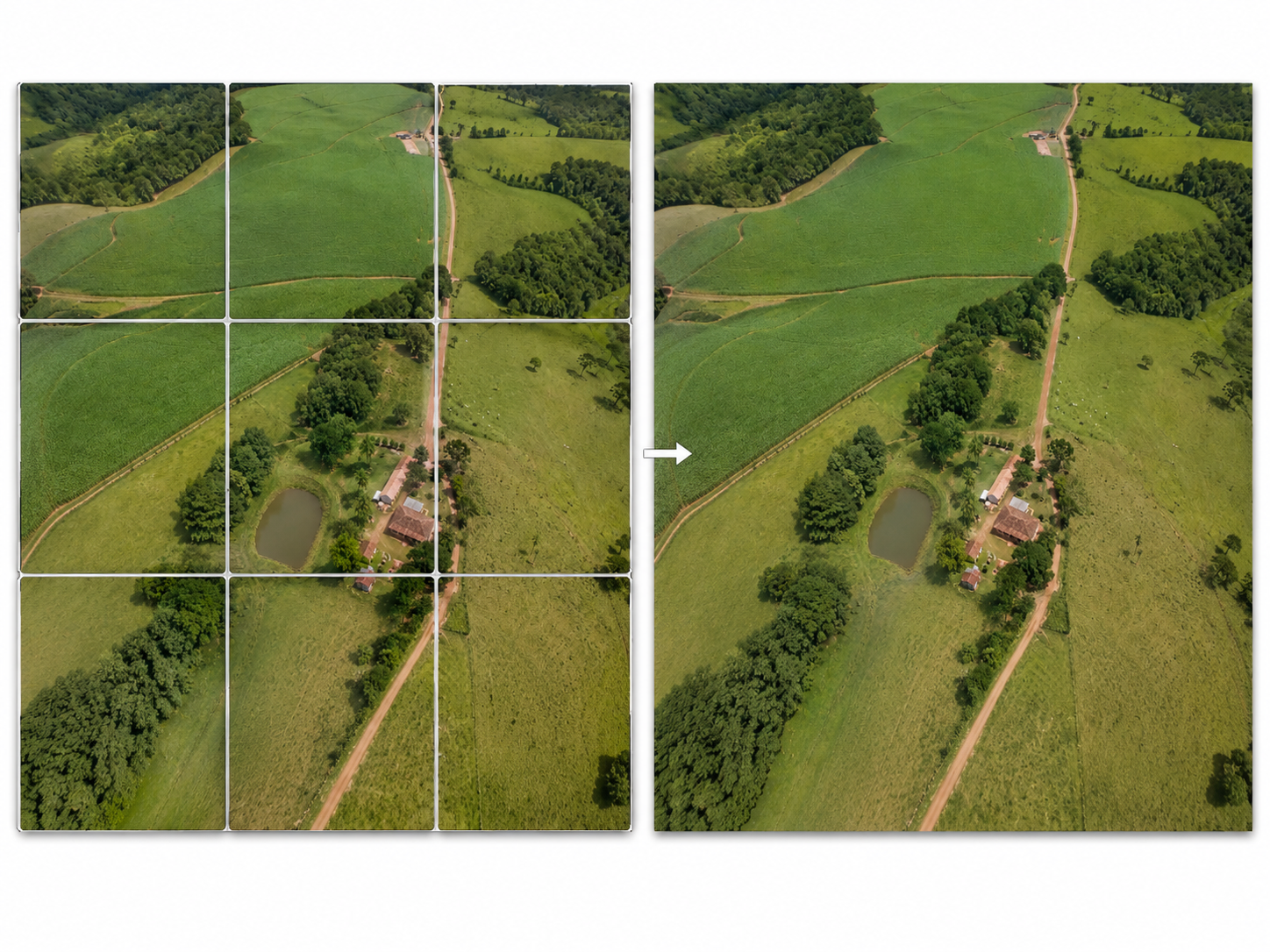 Fotografia aérea individual de propriedade rural captada durante levantamento com drone