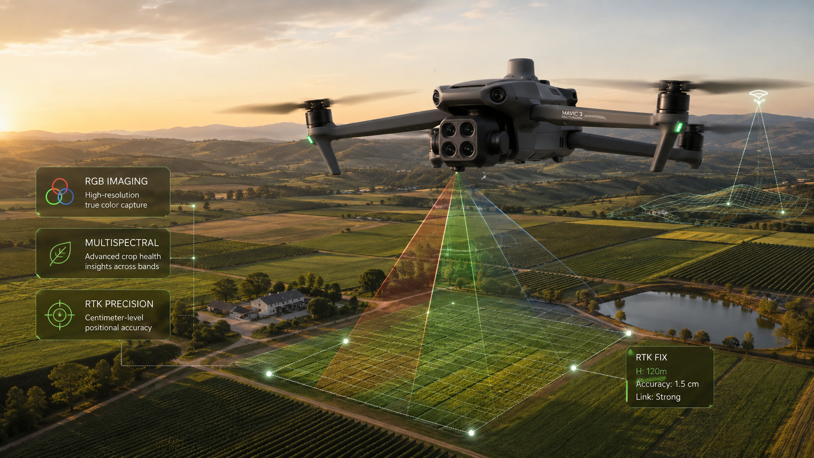 DJI Mavic 3 Multispectral em voo sobre área agrícola com captura RGB, multiespectral e posicionamento RTK
