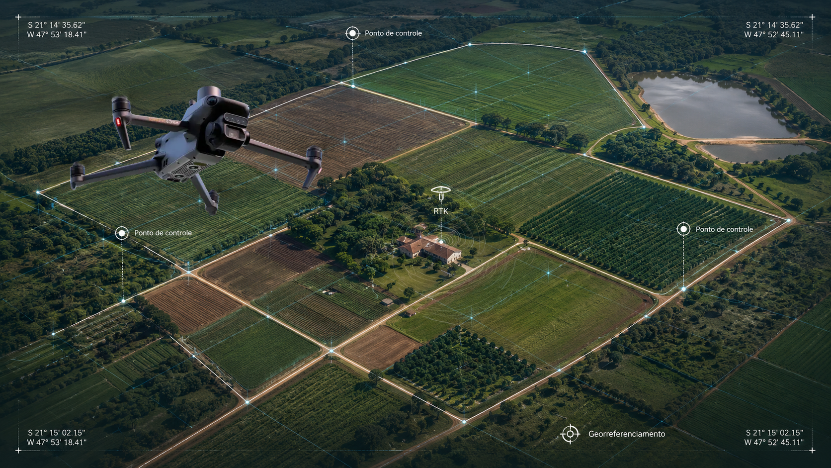 Área levantada com pontos de controle, posicionamento RTK e georreferenciamento